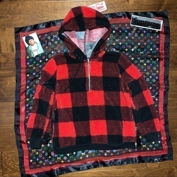 red and black checkered plaid pattern bondage half zipper fleece fuzzy hoodie - Picture 1 of 4